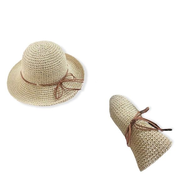 Boho Crochet Adjustable Wide Brim Leather Band Portable Summer Fishermen Hat NEW - Picture 2 of 4